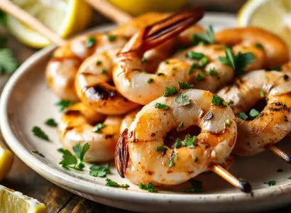 Brochettes de crevettes marinées aux herbes et citron