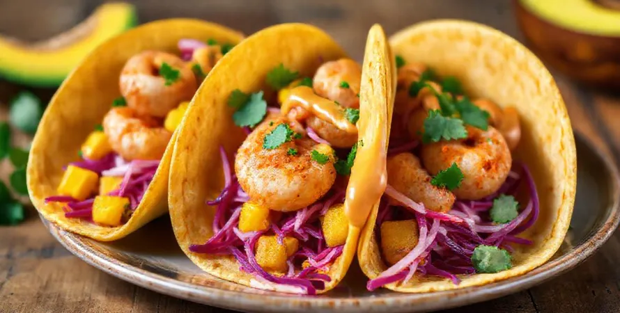 Tacos aux crevettes et condiments à la mangue