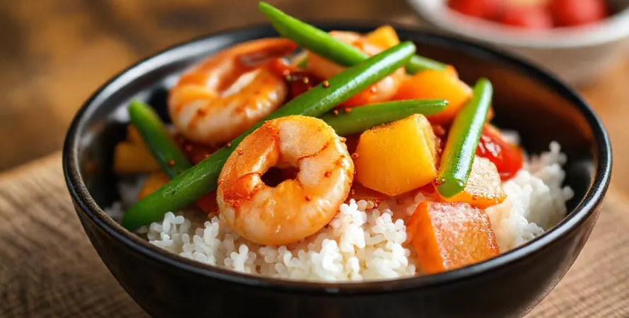 Sauté de crevettes et pois gourmands à l'aigre-douce