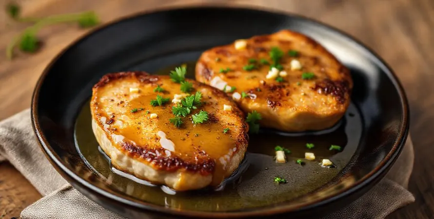 Côtes de porc poêlées, sauce beurre noisette à l'ail