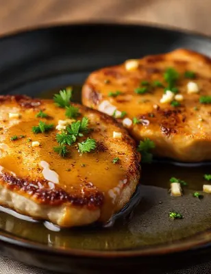 Côtes de porc poêlées, sauce beurre noisette à l'ail