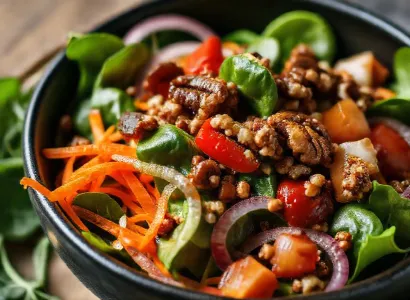 Salade de pousses d'épinards, noix de pécan torréfiées et vinaigrette à l'érable
