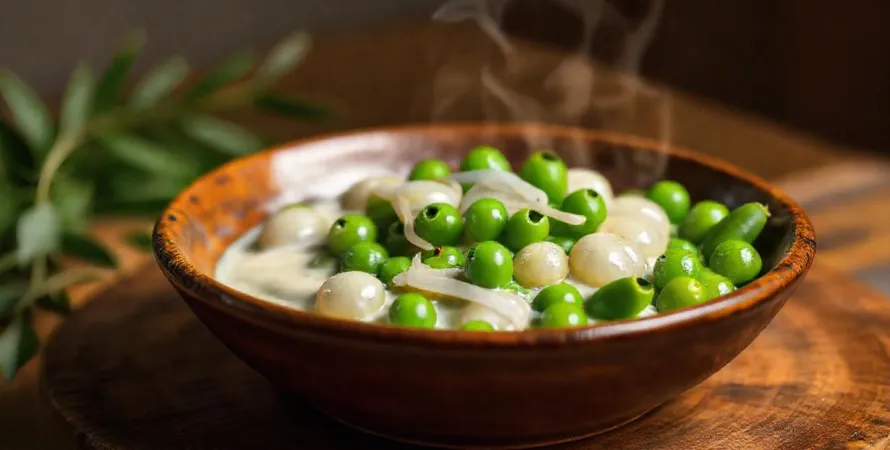 Petits pois à la crème et oignons grelots
