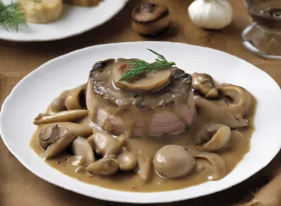 Foie de veau aux oignons en sauce crémeuse de champignons