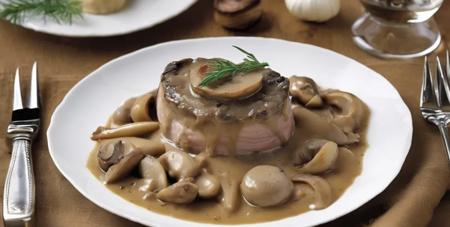 Foie de veau aux oignons en sauce crémeuse de champignons
