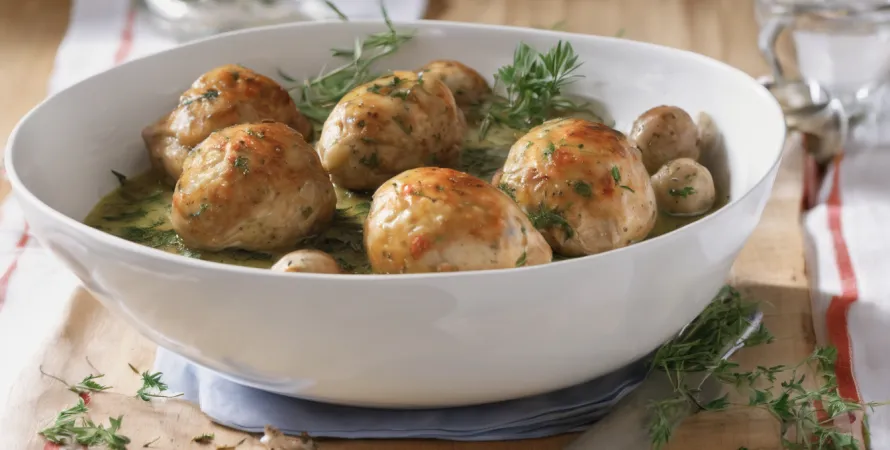 Poulet aux herbes avec boulettes de ciboulette