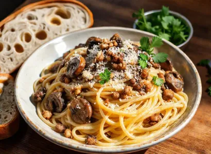 Pâtes aux champignons sauvages et noix